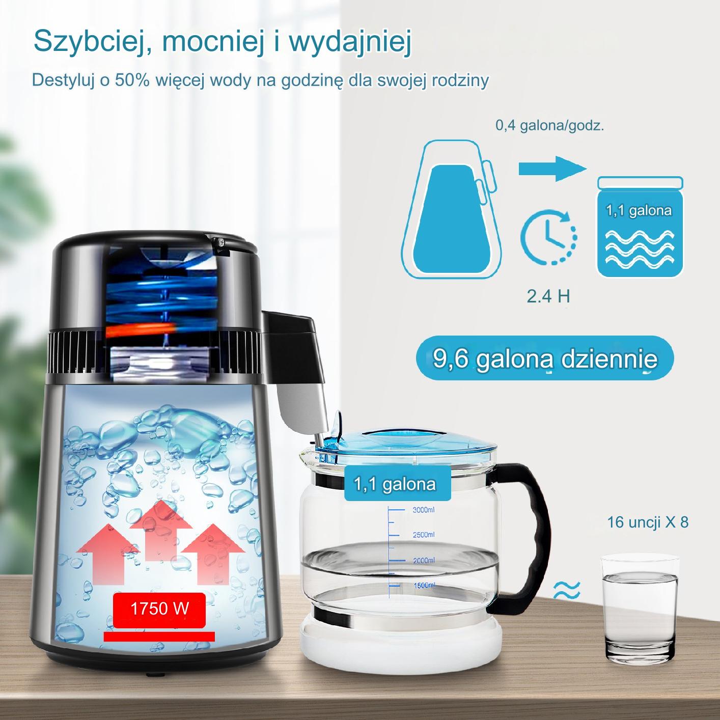 Destylator destylarka wody 4 l mocna 1750 W zestaw dzbanek filtr inox pro - obrazek 6