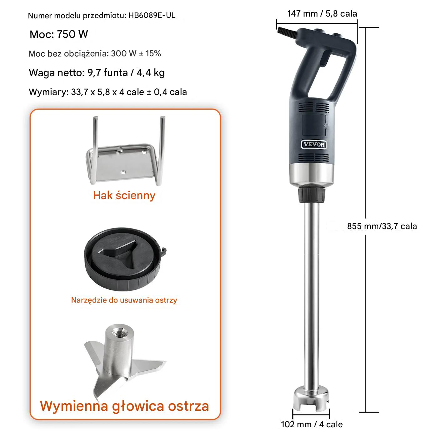 Blender ręczny 750W stal nierdzewna regulowany do zup smoothie puree - obrazek 2