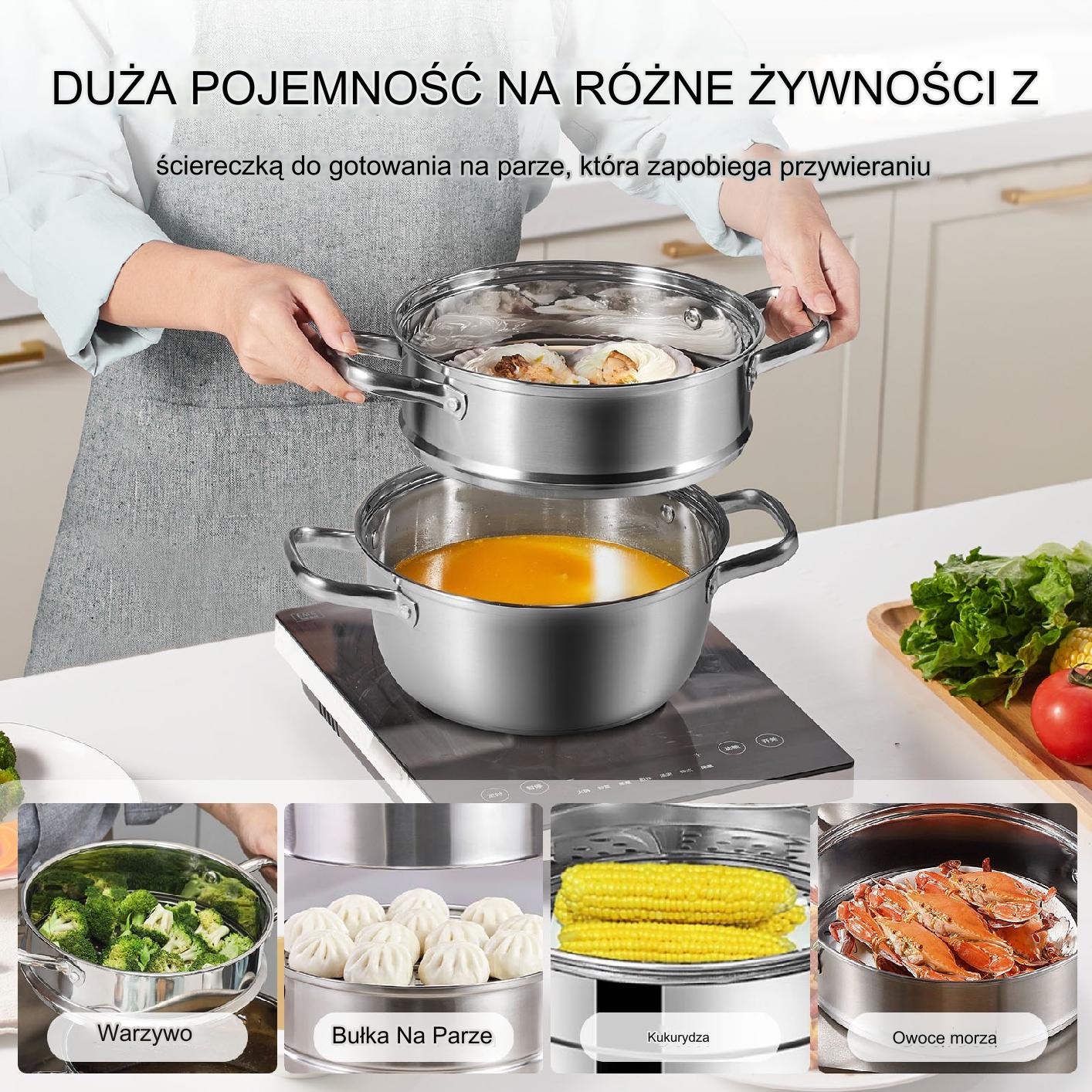 Garnek parowy 2w1 ze stali nierdzewnej 22 cm – 3L z pokrywką i rękawicami - obrazek 3