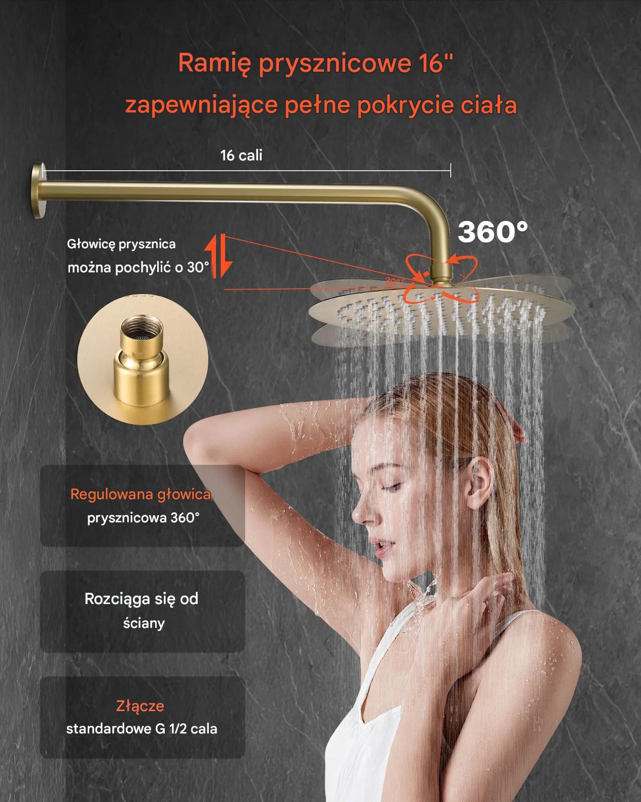 Zestaw prysznicowy deszczownica 25 cm z rączką mosiądz złoty montaż ścienny - obrazek 5