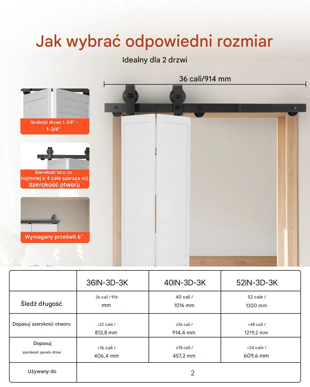 System do Drzwi Przesuwnych Zestaw 90 cm Szyna 2x40 cm 150 kg - obrazek 2