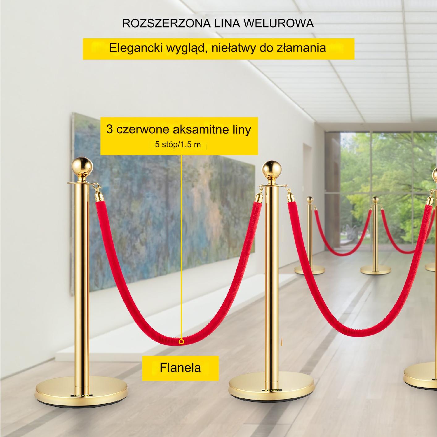 SŁUPKI ODGRADZAJĄCE HOTELOWE ZŁOTE 4 + 3 CZERWONE LINY 1.5m - obrazek 3