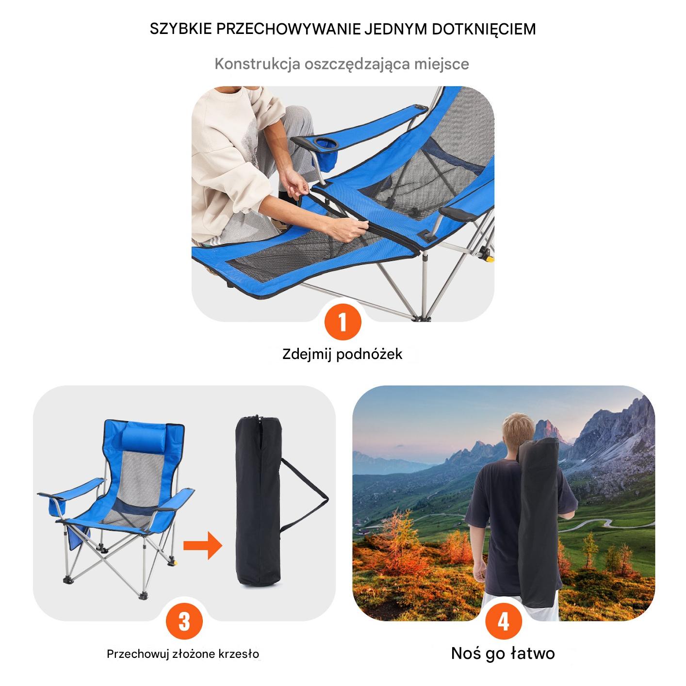 Składane Krzesło Kempingowe z Podnóżkiem Niebieskie - obrazek 5