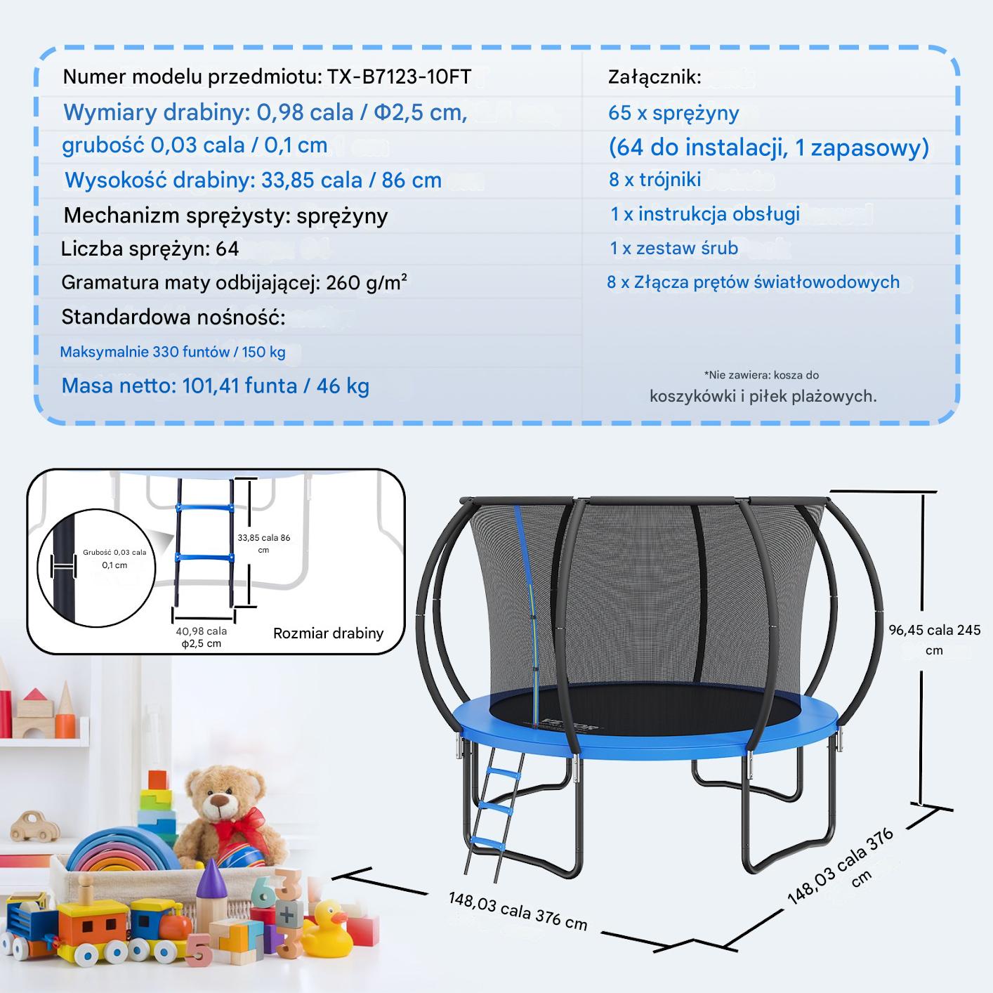 Trampolina ogrodowa 376 cm – siatka, drabinka, dla dzieci, solidna konstrukcja - obrazek 2