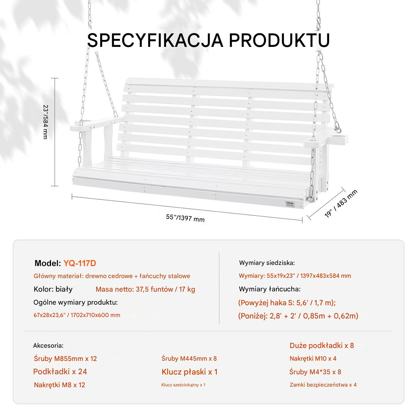 Drewniana huśtawka ogrodowa wisząca na taras werandę biała 170 cm - obrazek 2