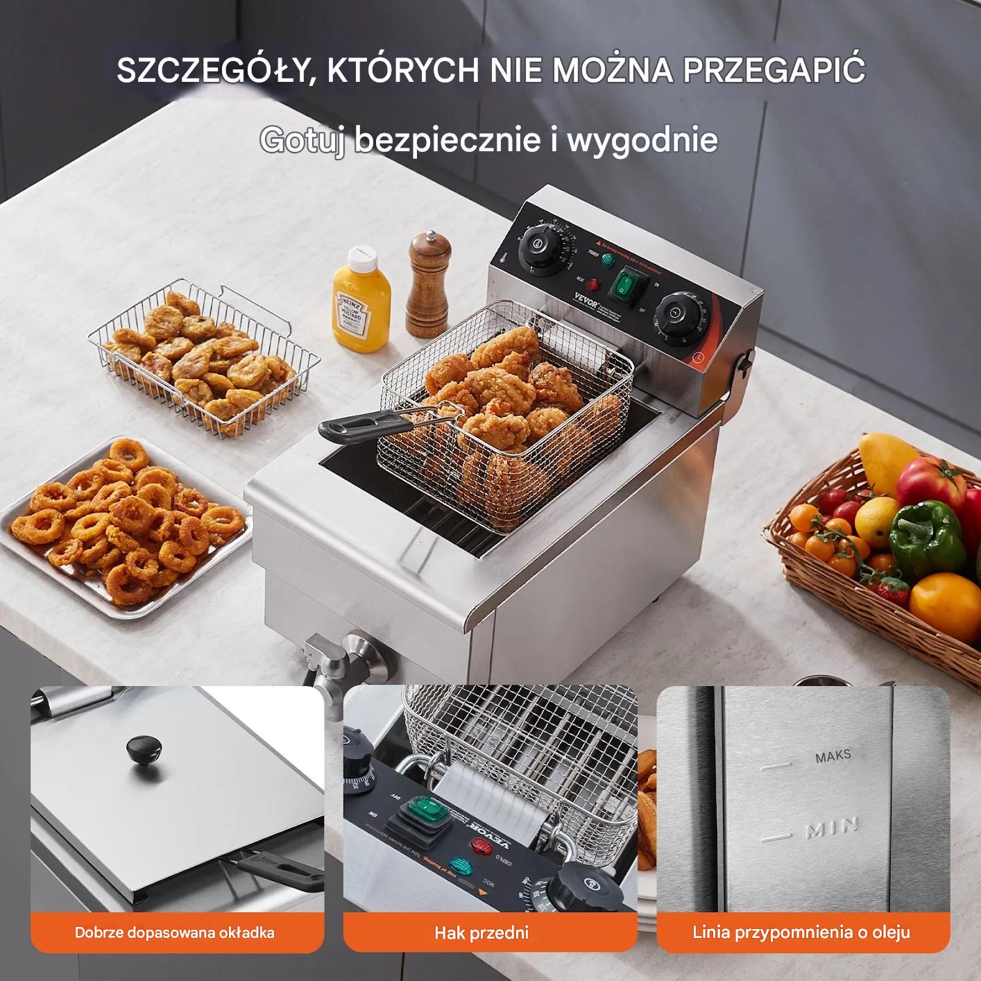 Frytkownica elektryczna gastronomiczna 3000W 11L stalowa z koszem - obrazek 7