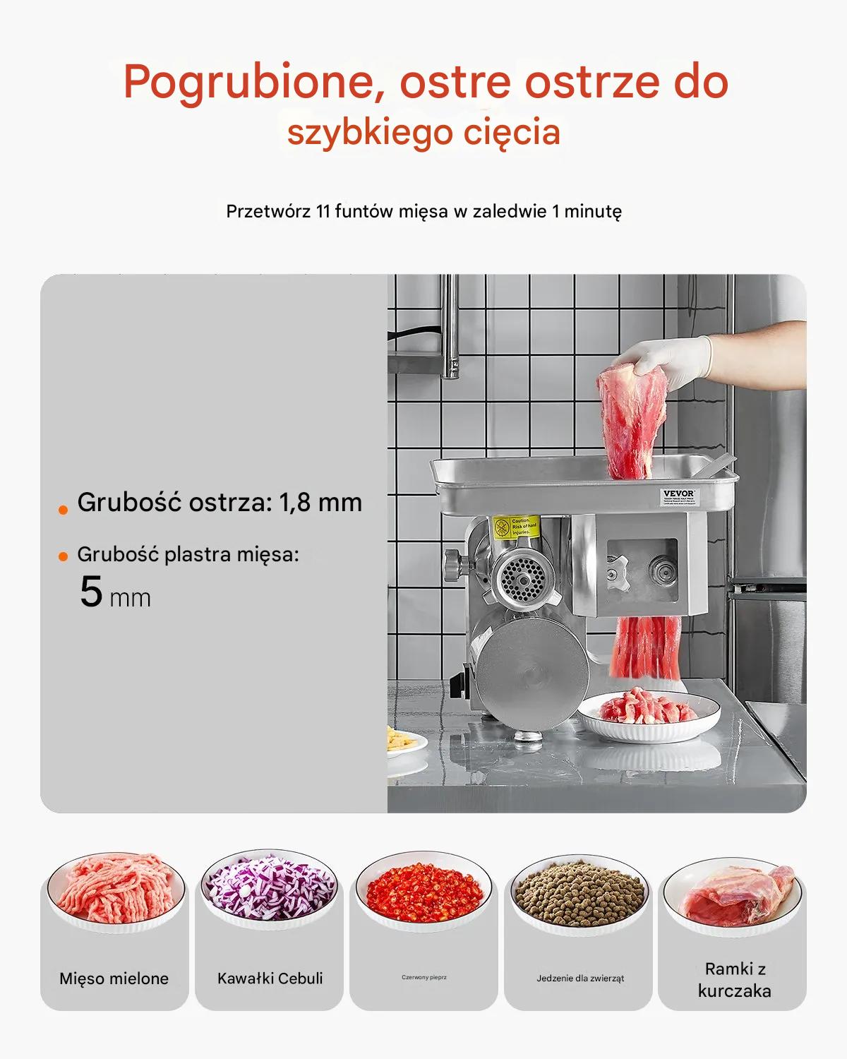 Maszynka do mięsa, kiełbasy elektryczna 5kg/min stal nierdzewna 5mm ostrza - obrazek 5