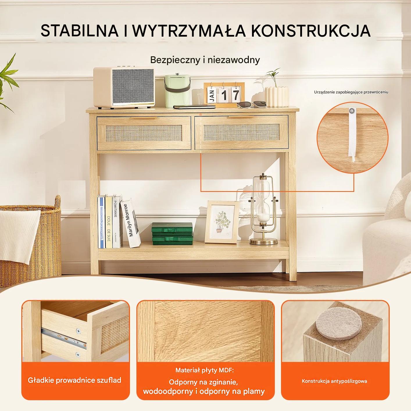 Stolik konsola do przedpokoju korytarza rattan ciemna 2 szuflady - obrazek 5