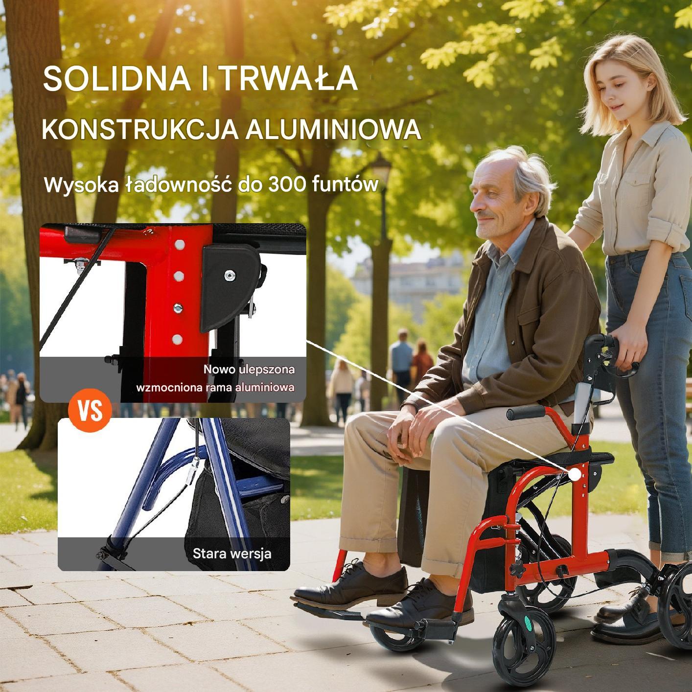 Wózek inwalidzki i Krzesło Transportowe 2 w 1 Czerwone - obrazek 3
