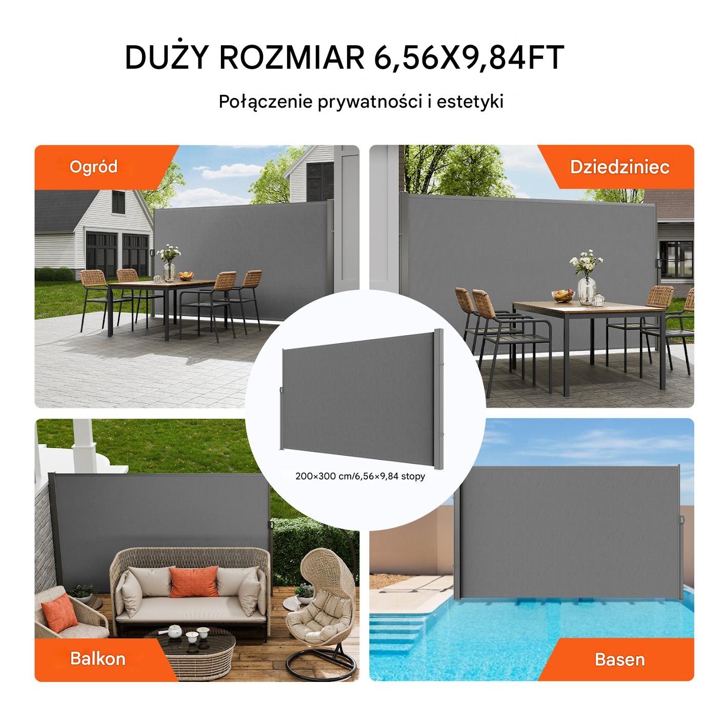 Osłona boczna markiza 180x300cm wodoodporna na balkon taras rolowana szara - obrazek 6