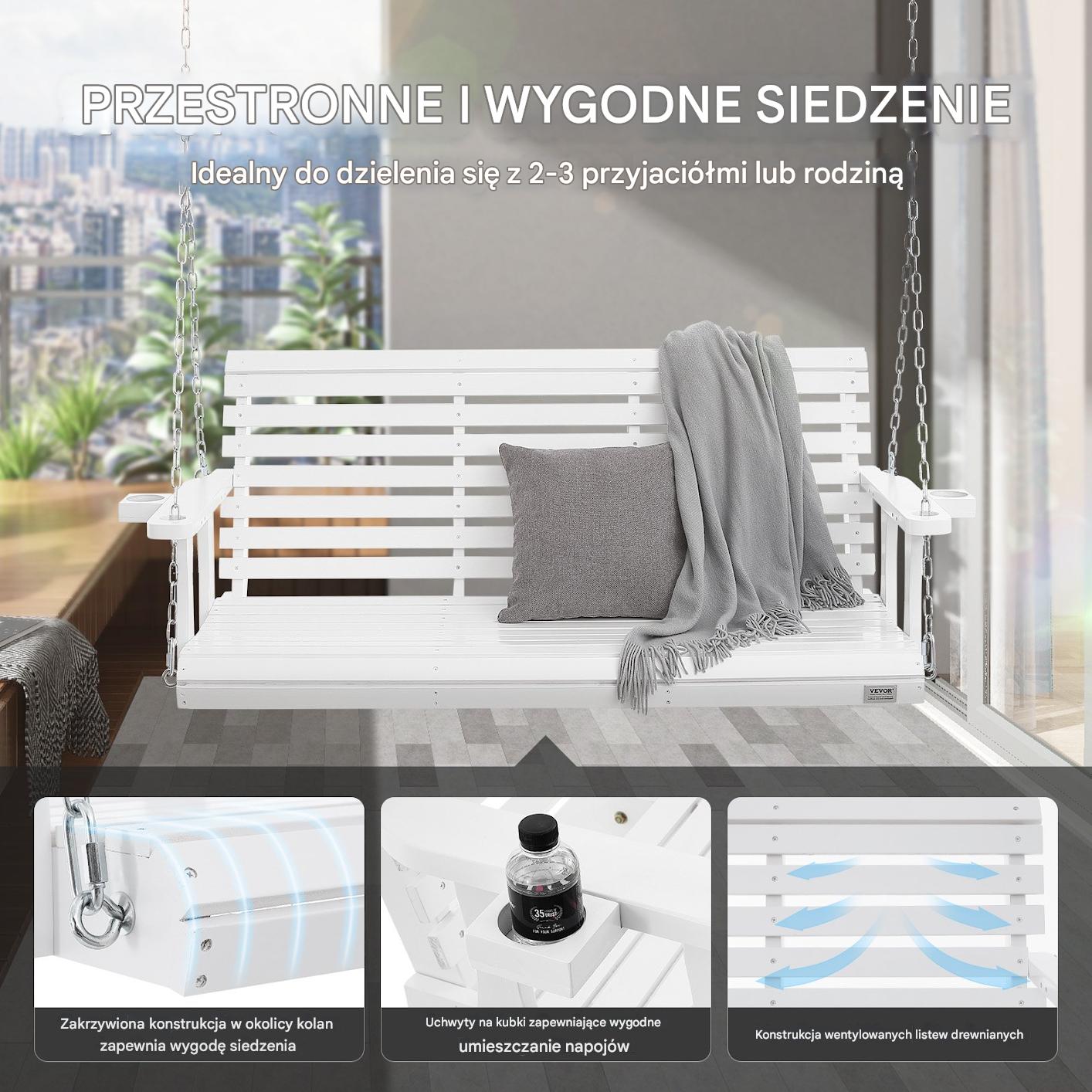 Drewniana huśtawka ogrodowa wisząca na taras werandę biała 170 cm - obrazek 3