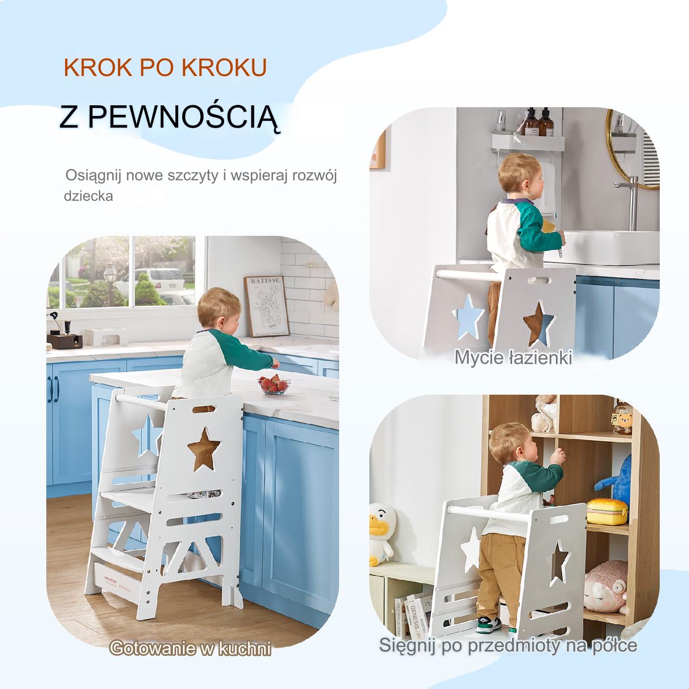 POMOCNIK KUCHENNY PODEST STOŁEK DZIECIĘCY DREWNIANY BIAŁY - obrazek 6