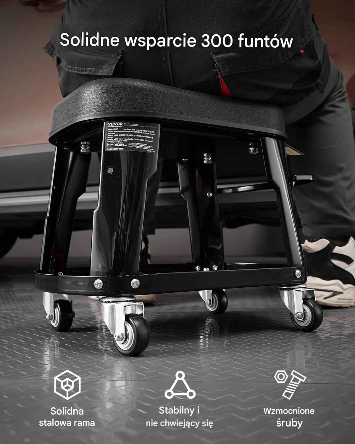 Taboret warsztatowy na kółkach 136 kg 360° z półką i uchwytem garaż - obrazek 4