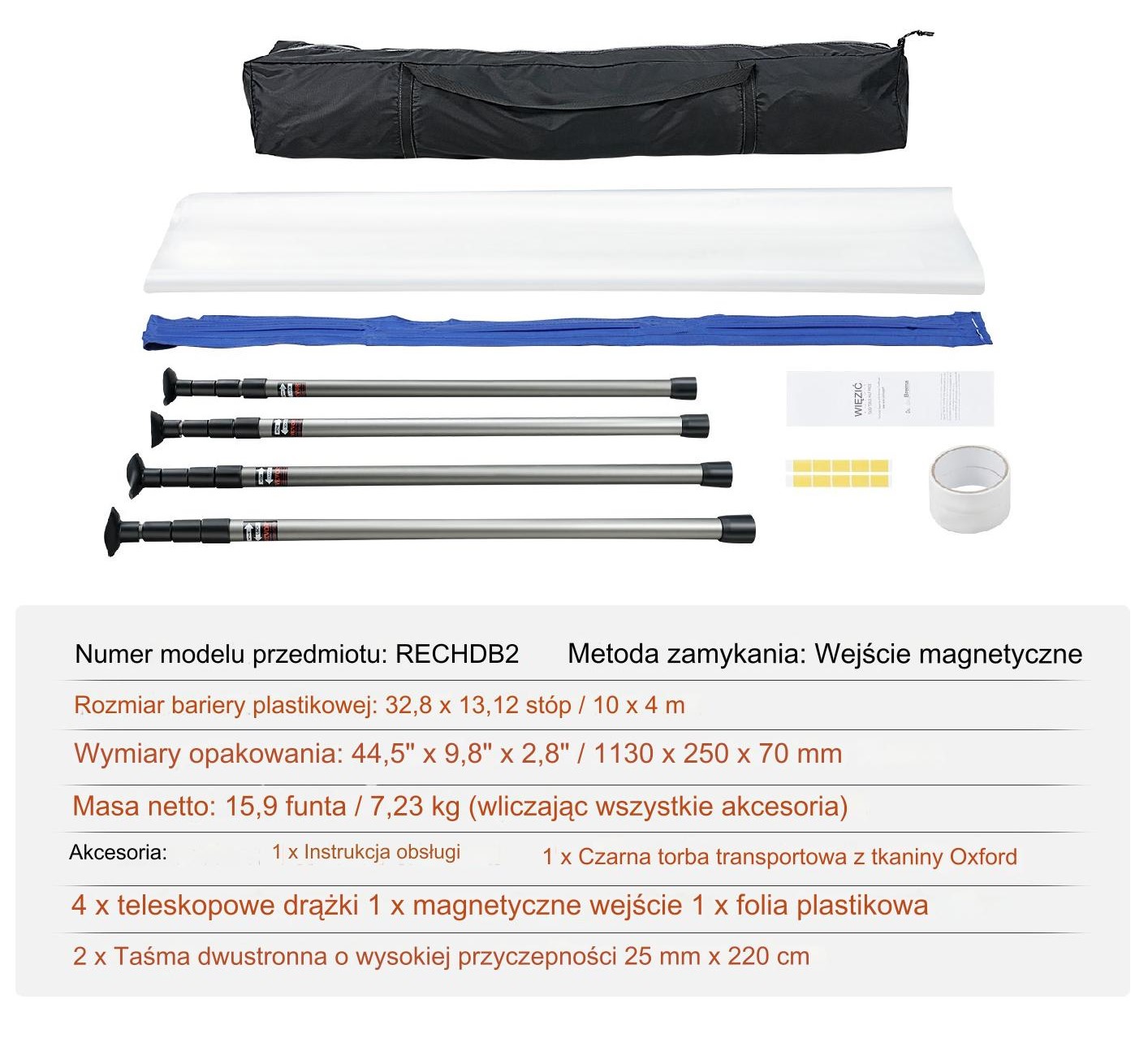 Bariera przeciwpylna 4 słupki teleskopowe, wys. do 3,65m, folia 10x4m - obrazek 2