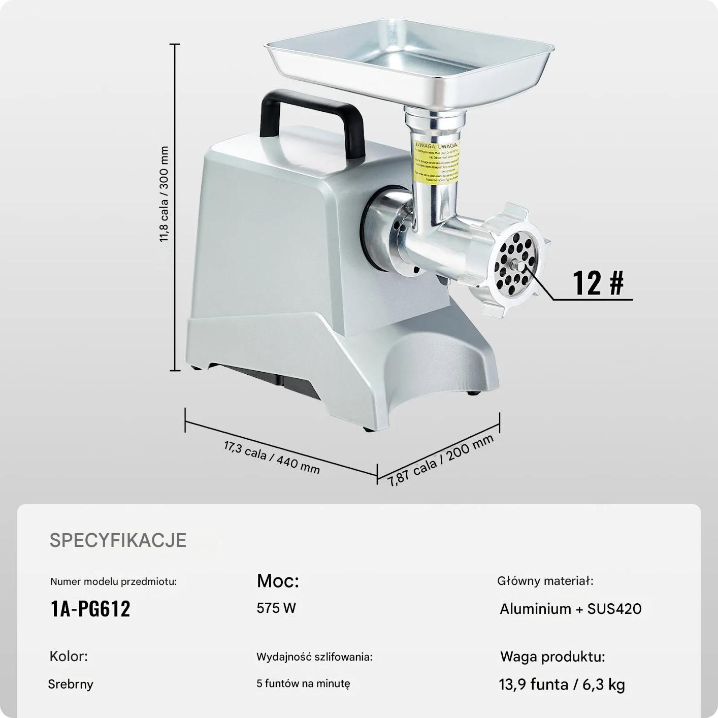 Maszynka do mięsa elektryczna 2,27kg/min 575W stal aluminiowa kiełbasy - obrazek 2