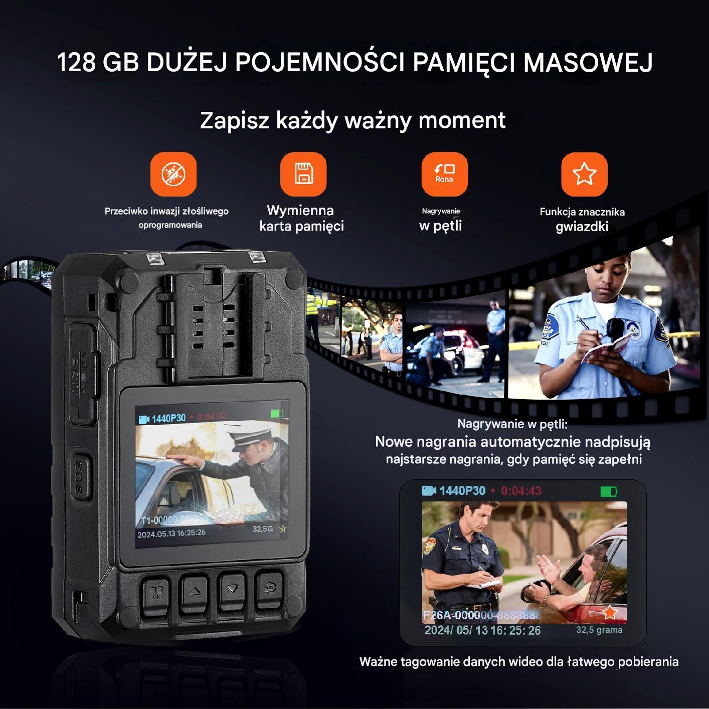 Kamera bodycam 1440P 128GB – policyjna z noktowizją i GPS bateria 3500mAh - obrazek 3