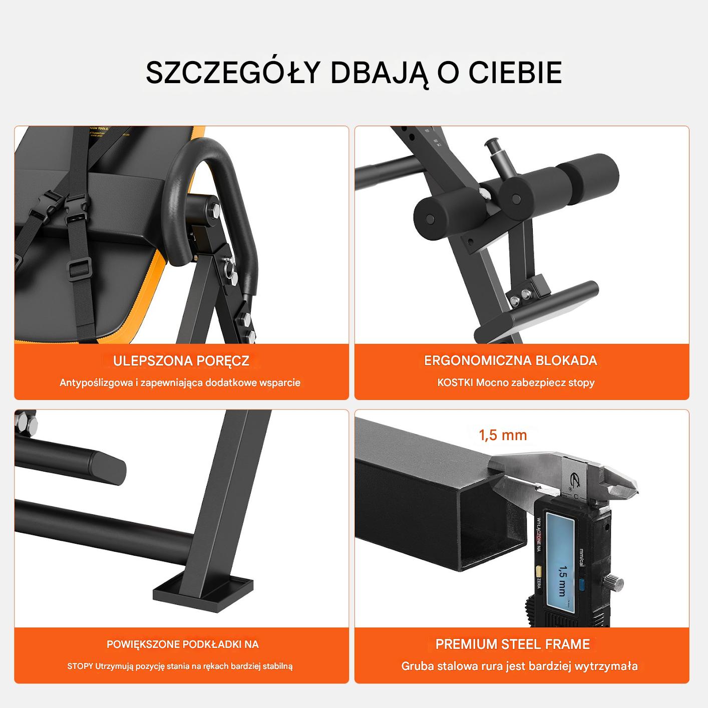 Pomarańczowa Ławka do Ćwiczeń Inwersyjnych i Siłowych – Składana - obrazek 6