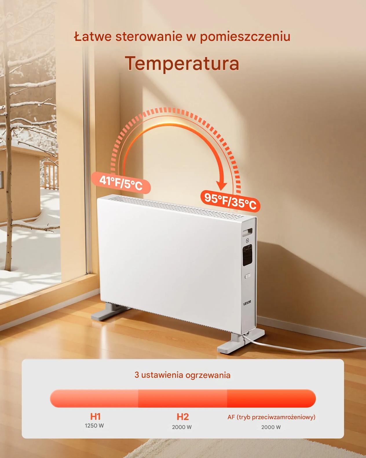 Grzejnik konwektorowy elektryczny 2000W pilot timer do domu biura - obrazek 5