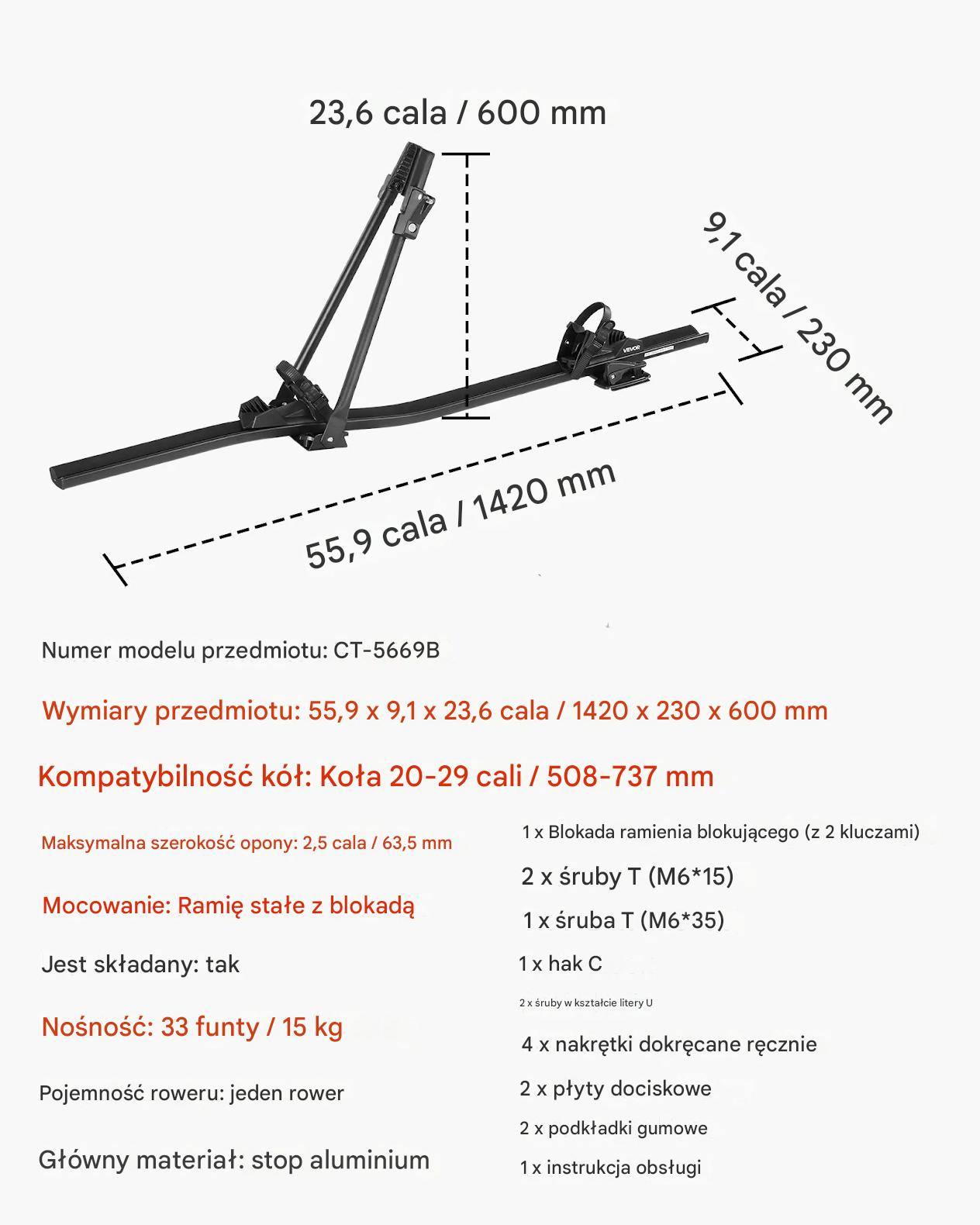Bagażnik rowerowy dachowy, aluminiowy uchwyt 1 rower 15kg z zamkiem do auta - obrazek 2