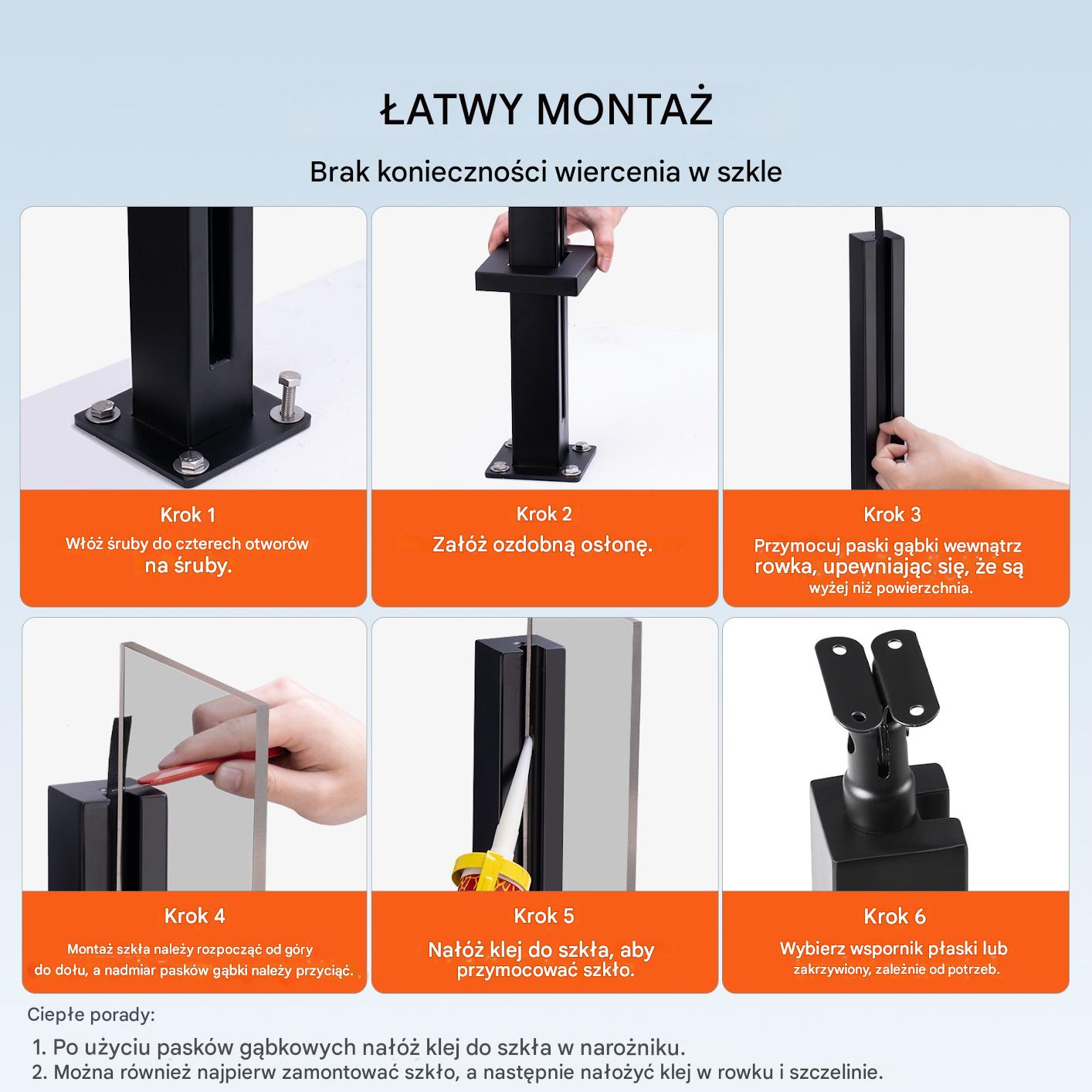 Zacisk szkła słupek uchwyt balustrada schody balkon stal inox 85 cm pro - obrazek 3