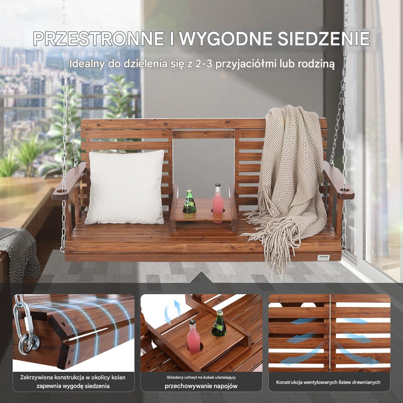 Drewniana huśtawka ogrodowa wisząca na taras werandę 152 cm - obrazek 4