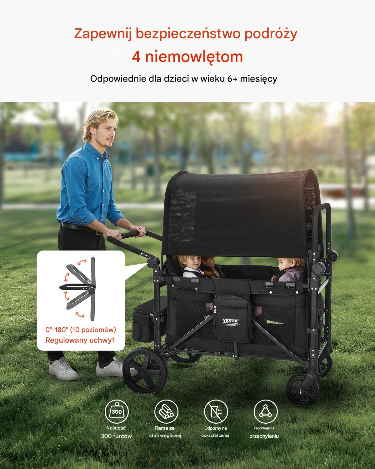 Wózek Wagon dla 4 Dzieci – Wielofunkcyjność Amortyzacja Daszek - obrazek 3