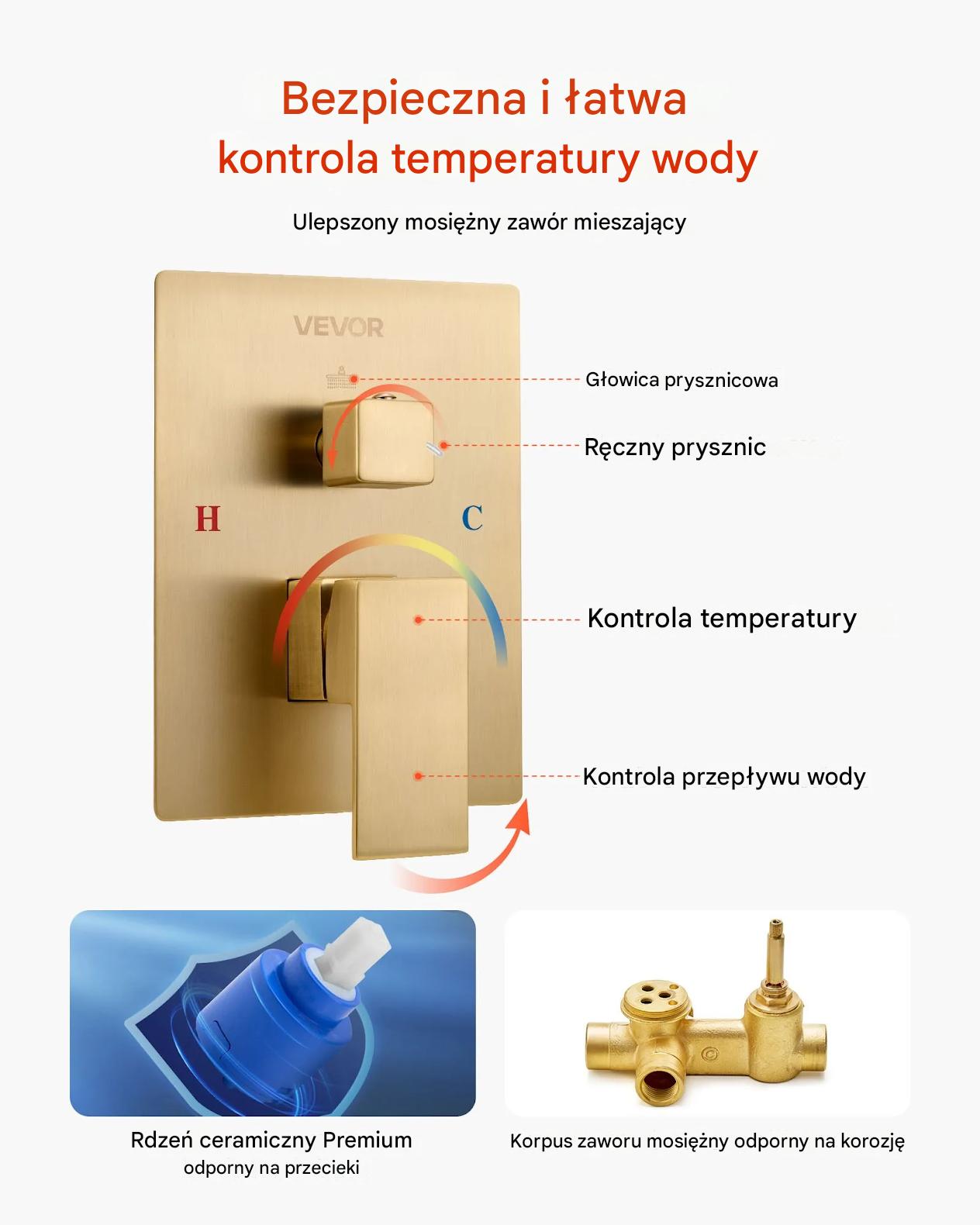 Zestaw prysznicowy deszczownica 30 cm z rączką mosiądz złoty montaż ścienny - obrazek 6