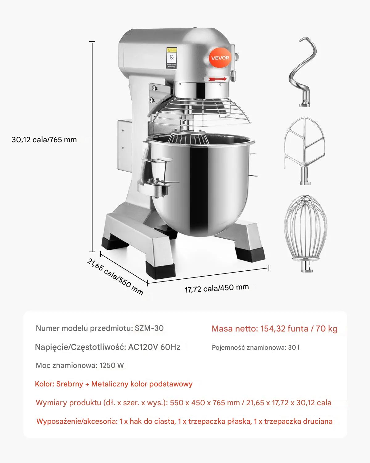 Mikser planetarny gastronomiczny 30L 1100W regulacja prędkości piekarnia - obrazek 2