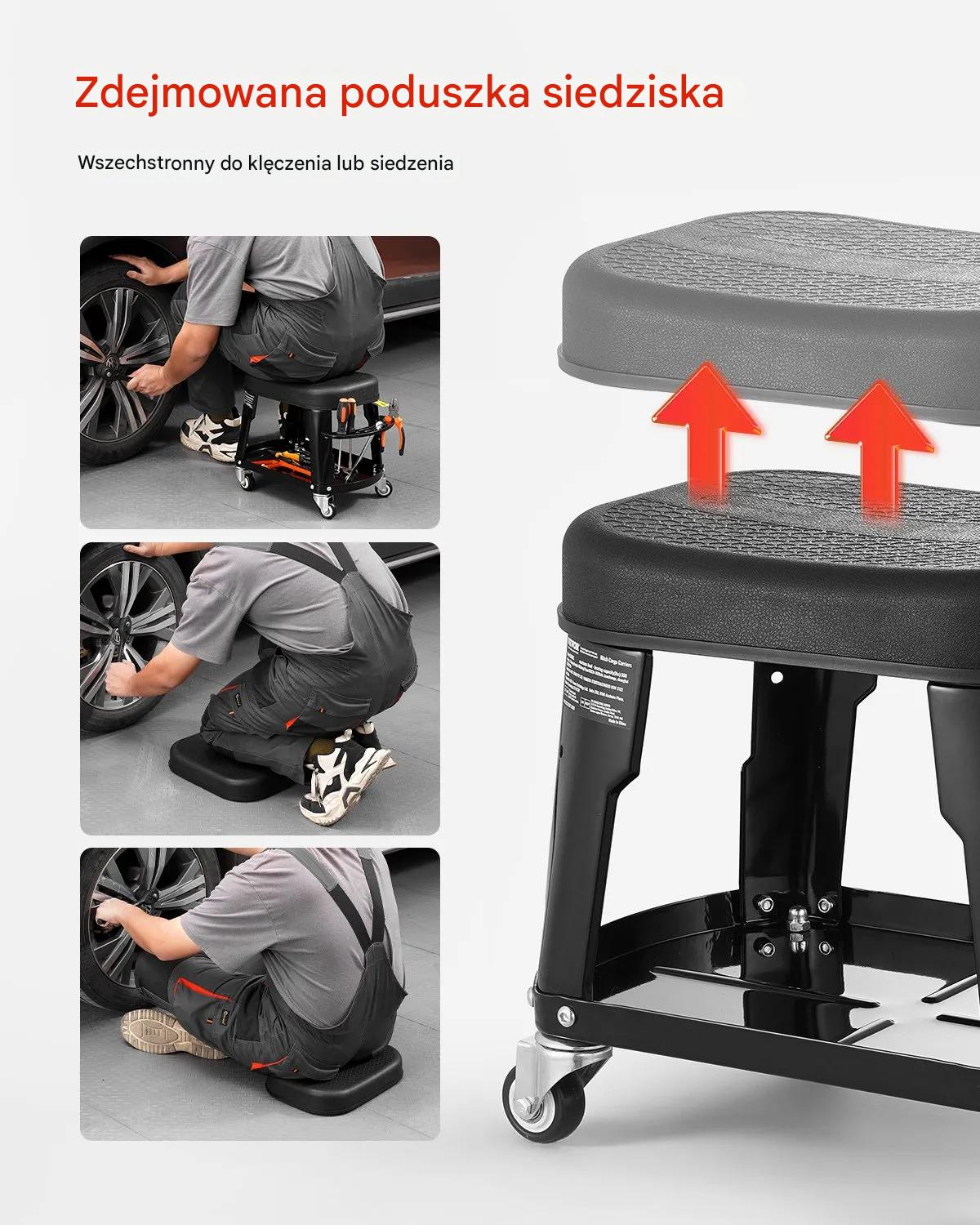 Taboret warsztatowy na kółkach 136 kg 360° z półką i uchwytem garaż - obrazek 6