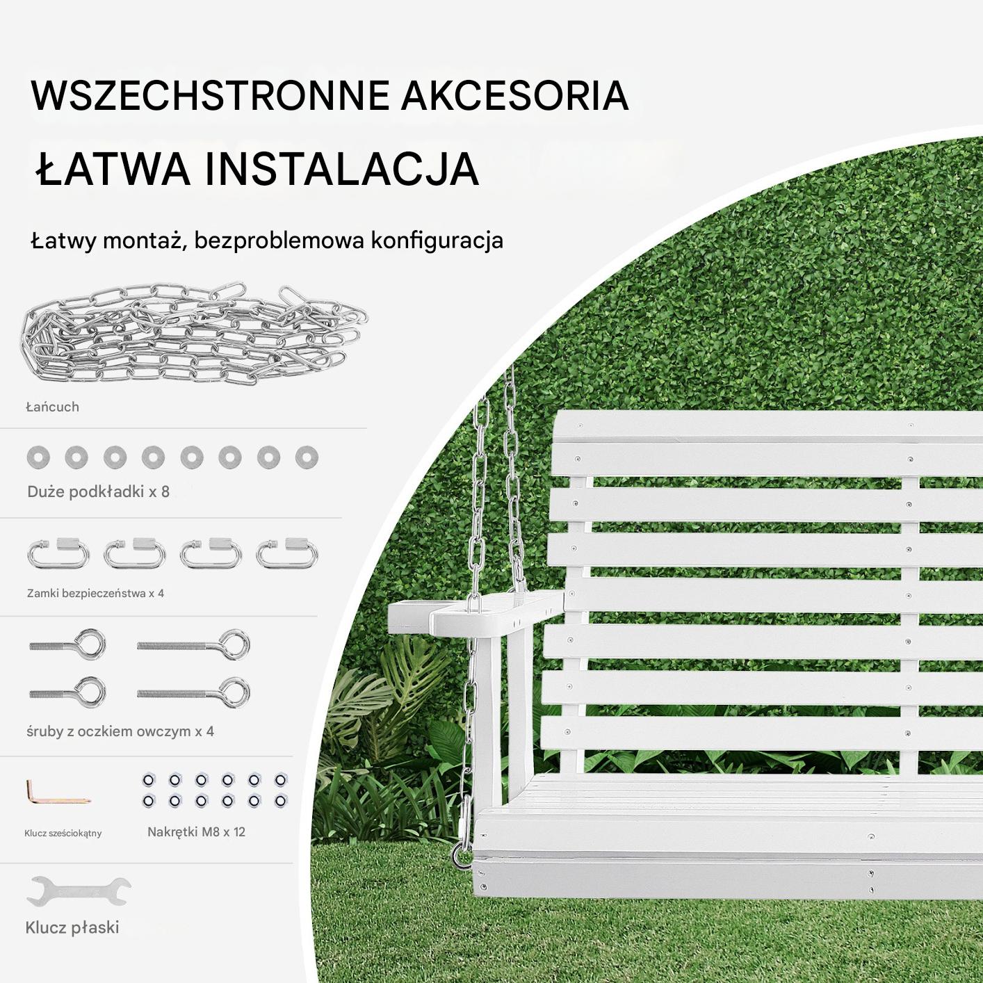 Drewniana huśtawka ogrodowa wisząca na taras werandę biała 170 cm - obrazek 5