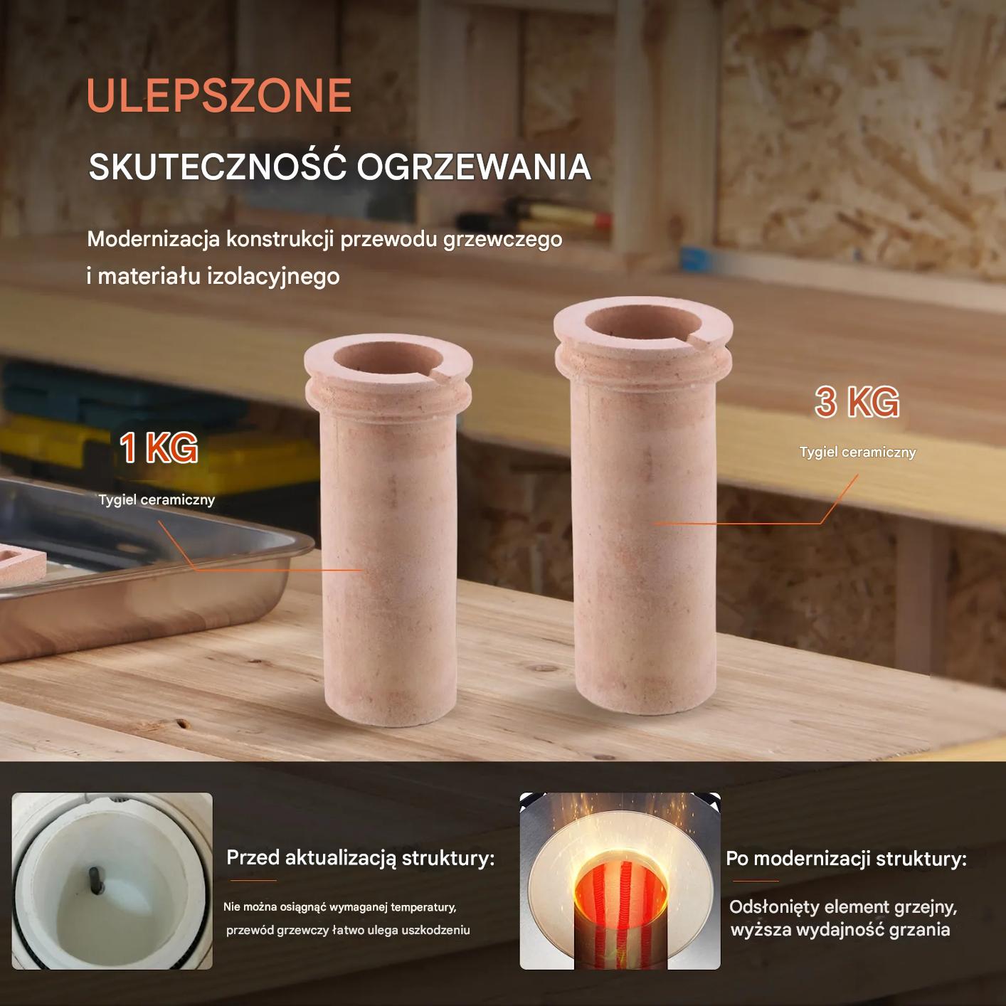 Piec do topienia metali 1350W 1150°C tygiel 1kg i 3kg do złota srebra - obrazek 6
