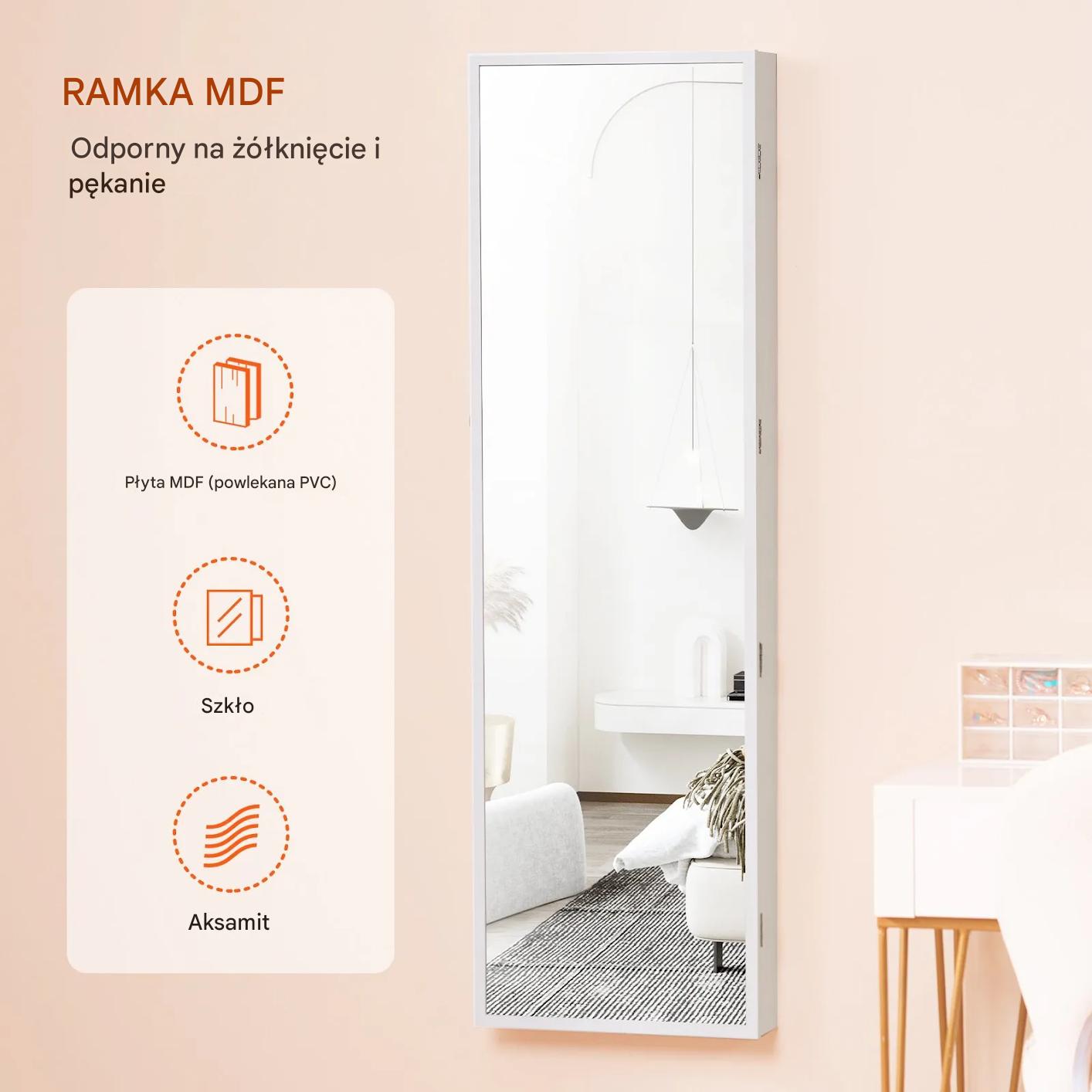 Szafa na biżuterię z lustrem LED 119 cm montaż ścienny zamykana biała - obrazek 7