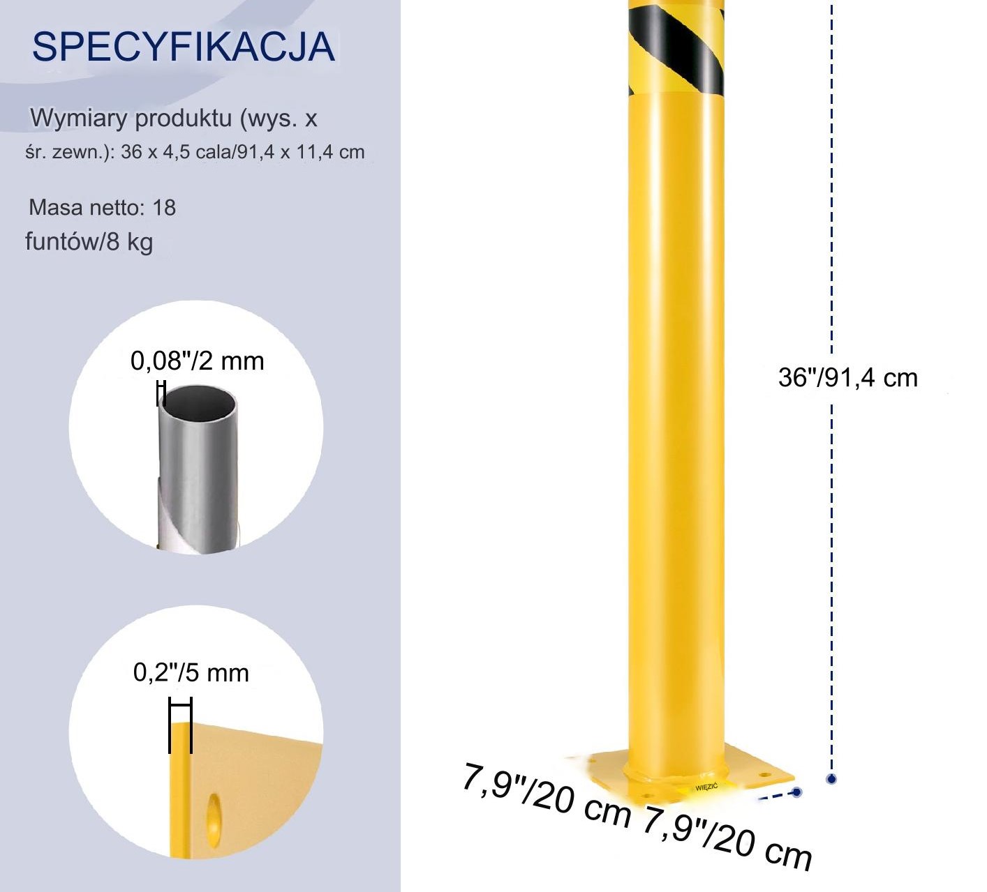 Słupek stalowy ochronny 91cm żółty z kotwami do stref ruchu - obrazek 2