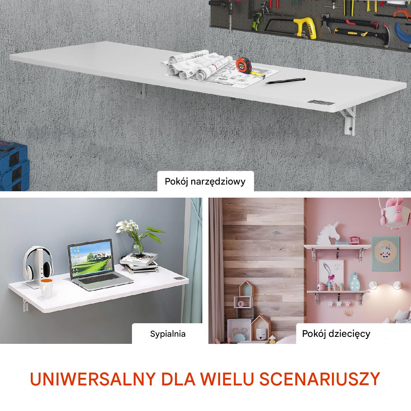 Składany stół ścienny 80x50 cm biały, płyta wiórowa, 23 kg, blat opuszczany - obrazek 5