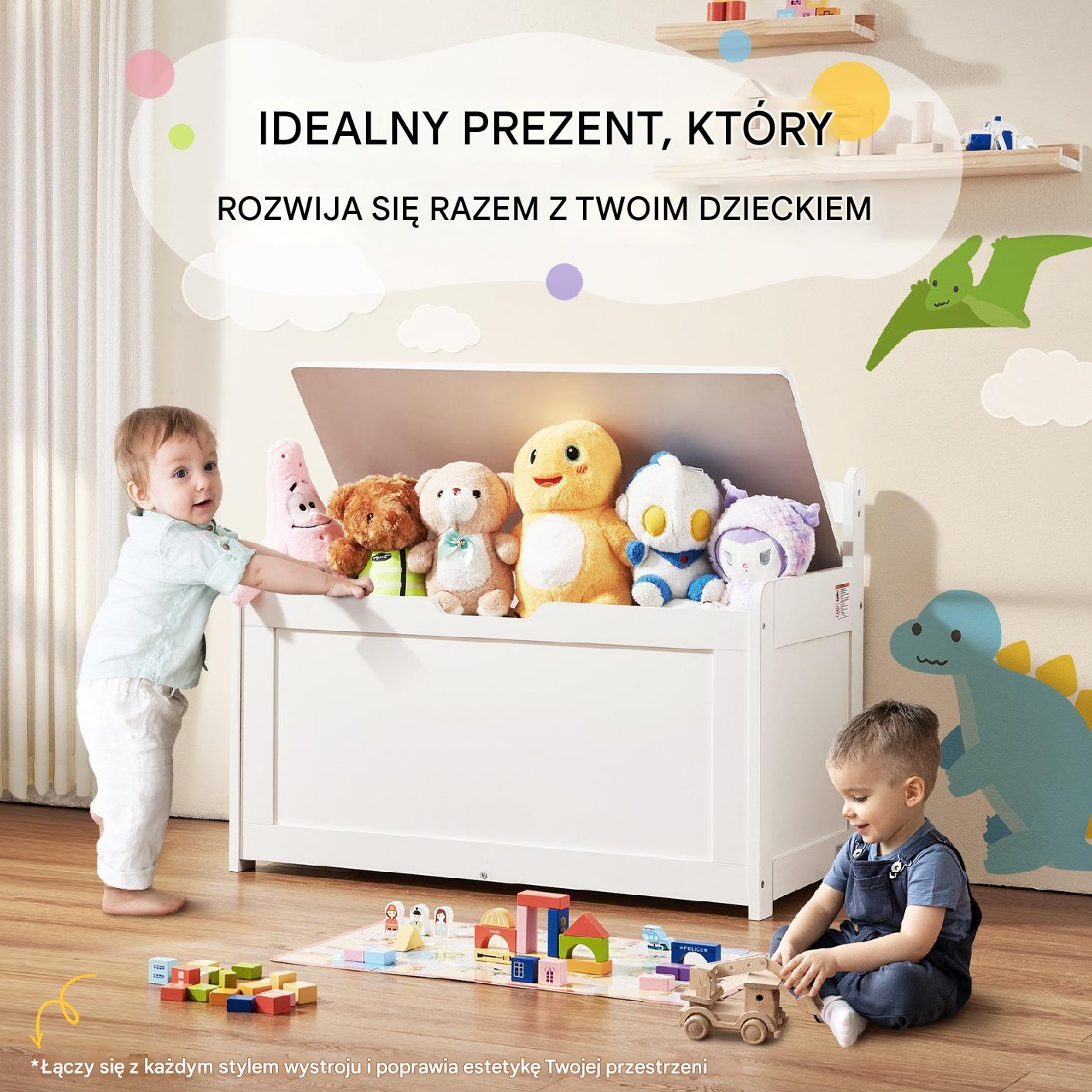 Duża drewniana skrzynia na zabawki Pufa Kufer na Zabawki Siedzisko biała - obrazek 7