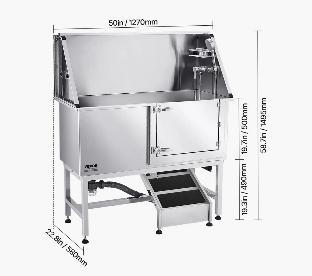 Wanna groomerska 127 cm stal rampa filtr prysznic dozownik drzwi prawe - obrazek 2