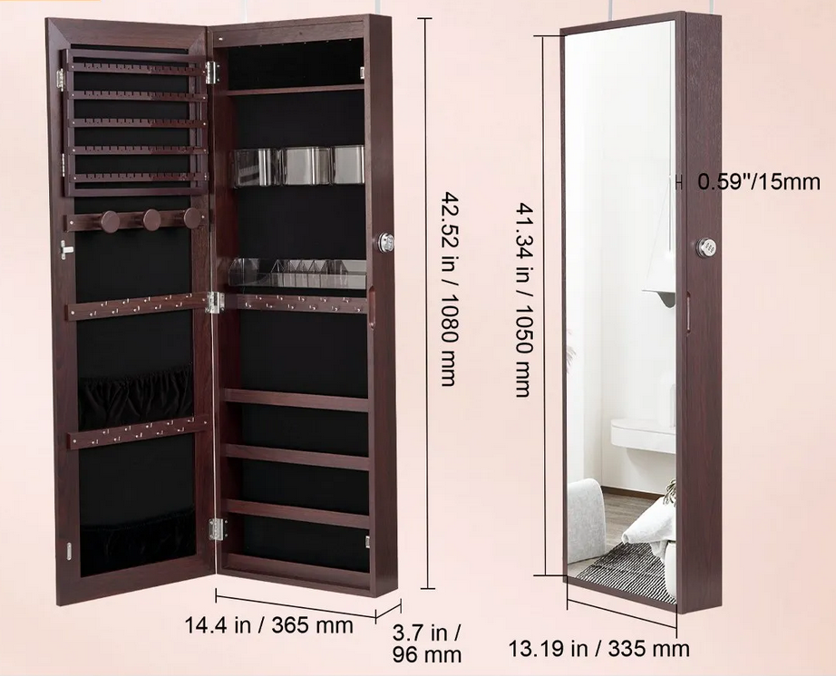 Szafa na biżuterię z lustrem LED 108cm montaż ścienny zamykana brązowa - obrazek 2