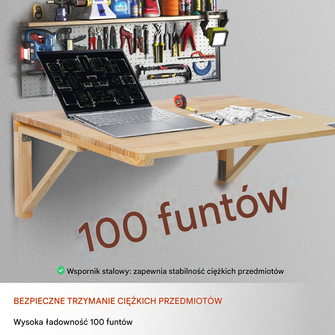 Składany stół ścienny 80x60 cm, drewno sosnowe, 45 kg, blat opuszczany - obrazek 3