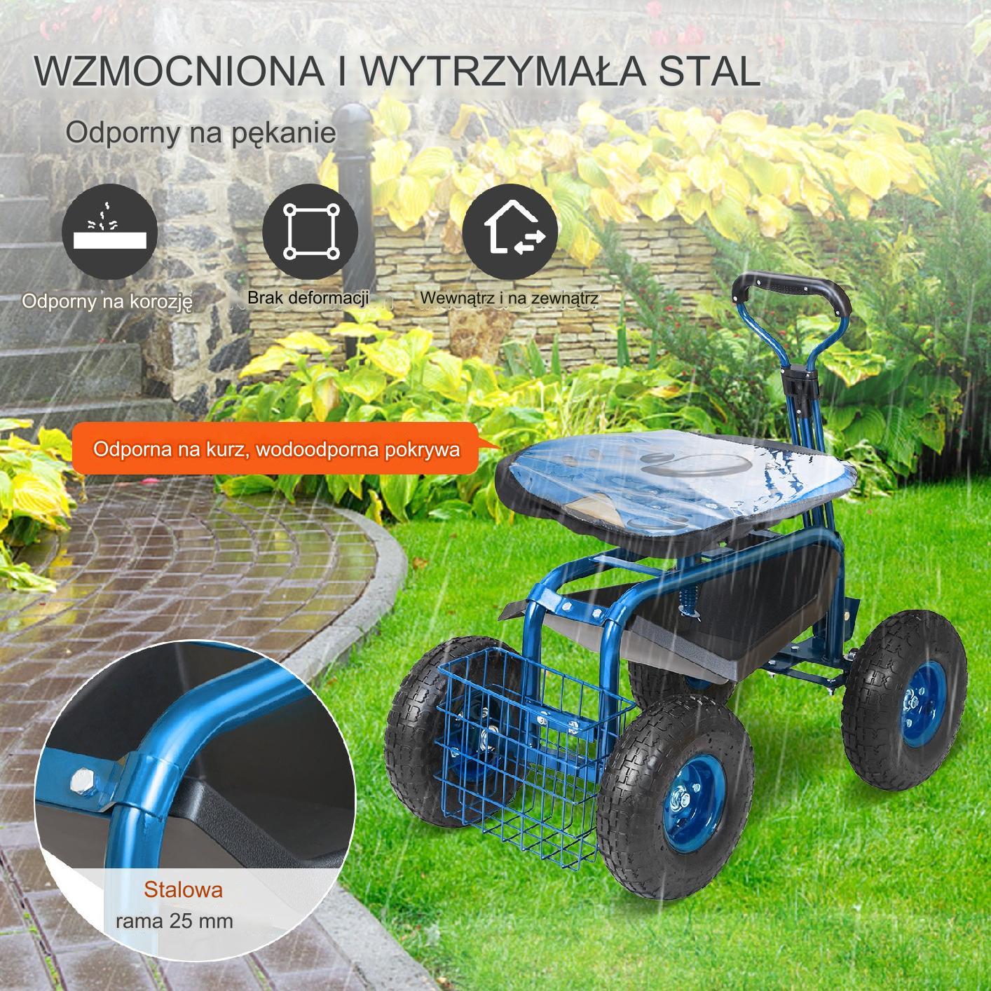 Wózek ogrodowy siedzisko ogrodowe taboret ogrodowy na kółkach niebieski - obrazek 5