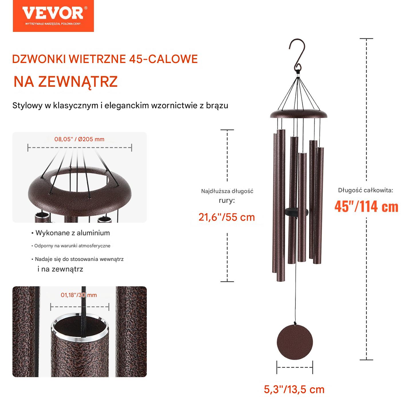 Dzwonki wiatrowe aluminiowe 1143 mm Brązowe - obrazek 2