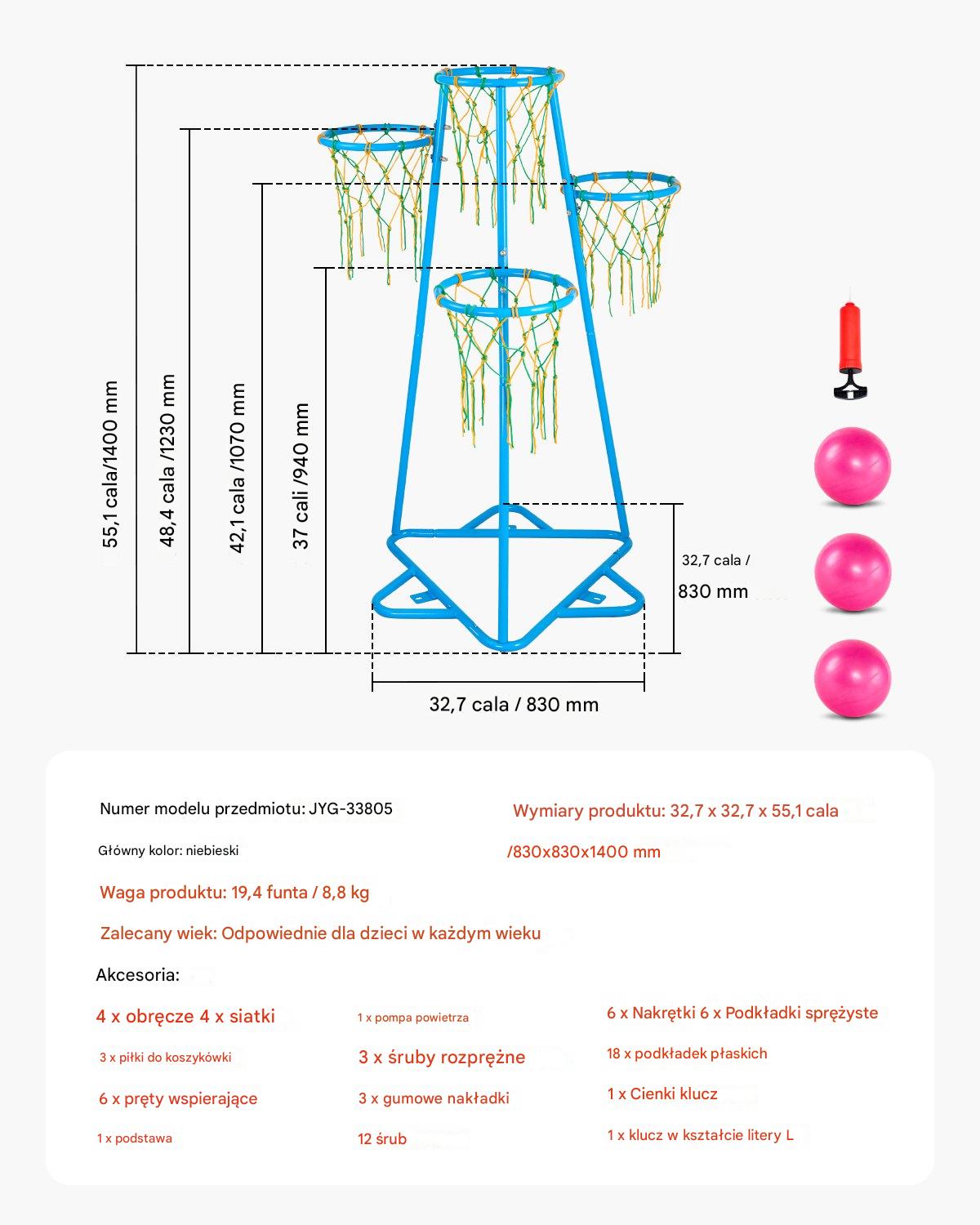 Kosz do Koszykówki dla Dzieci Cztery Regulowane Wysokości – 940-1400 mm - obrazek 2