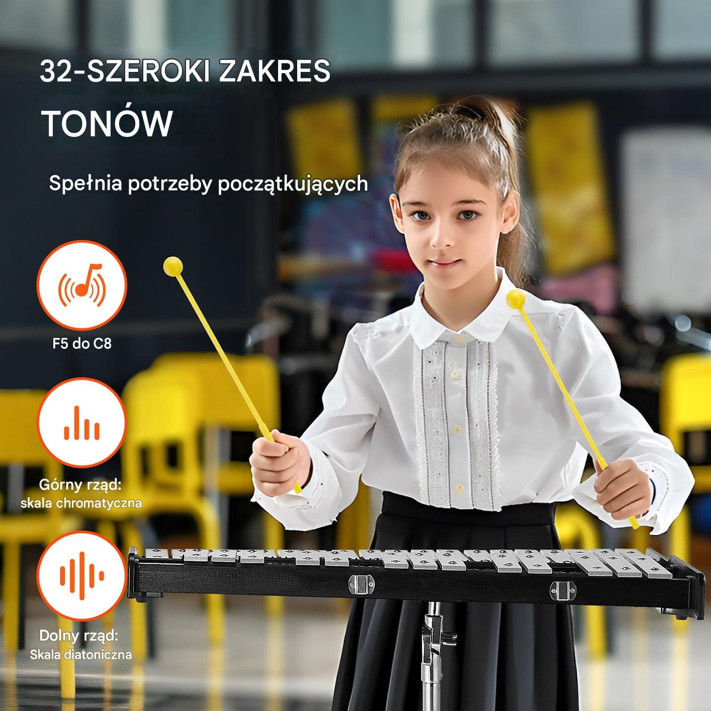 Ksylofon 32-tonowy z pałeczkami, statywem i pałkami perkusyjnymi - obrazek 3