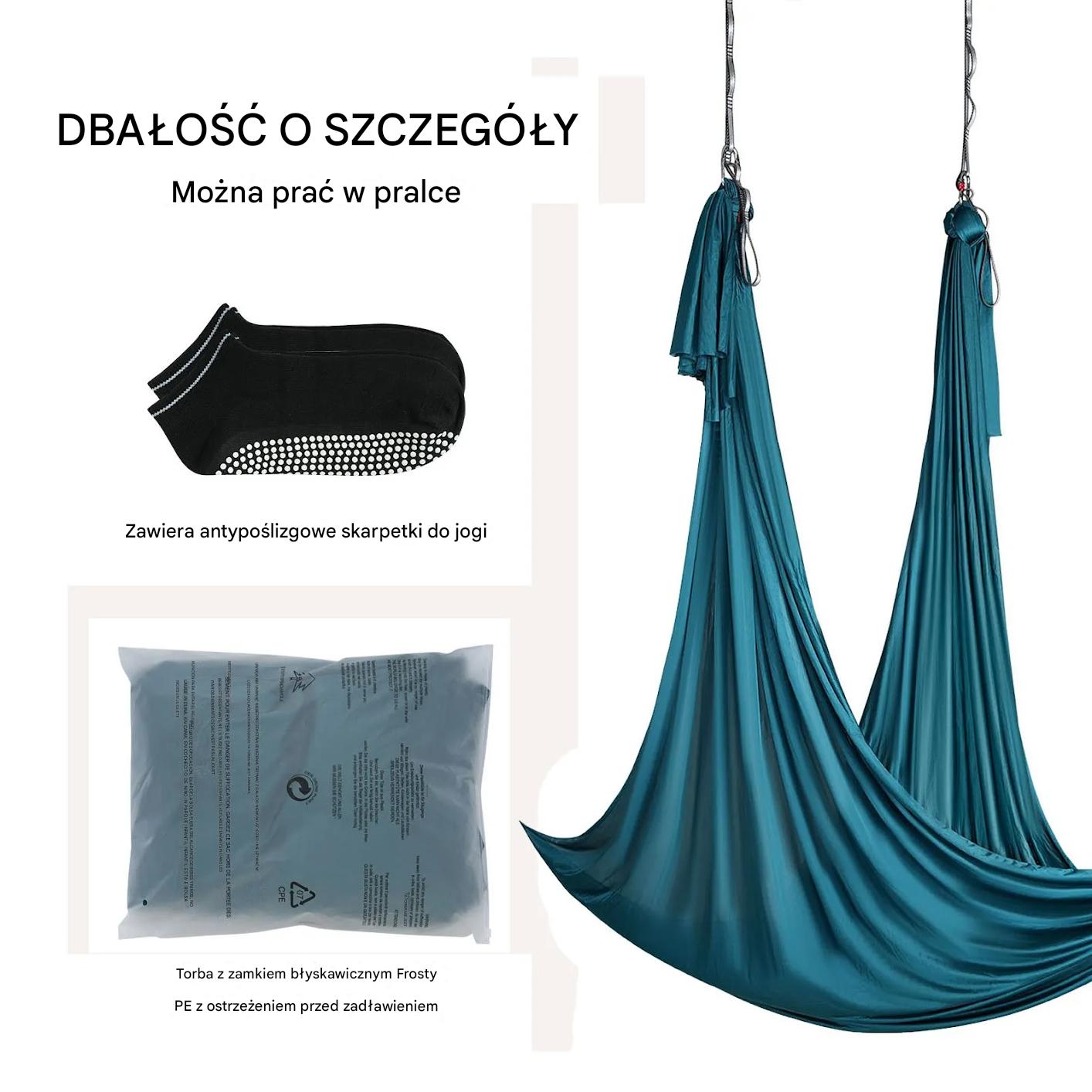 Hamak aerial yoga 5m z osprzętem 100gsm nylon do treningu zielony - obrazek 7