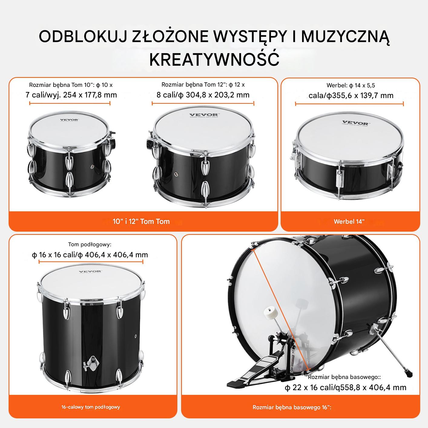 Zestaw perkusyjny 5-częściowy 55,9 cm, pełny, dla początkujących, czarny - obrazek 3