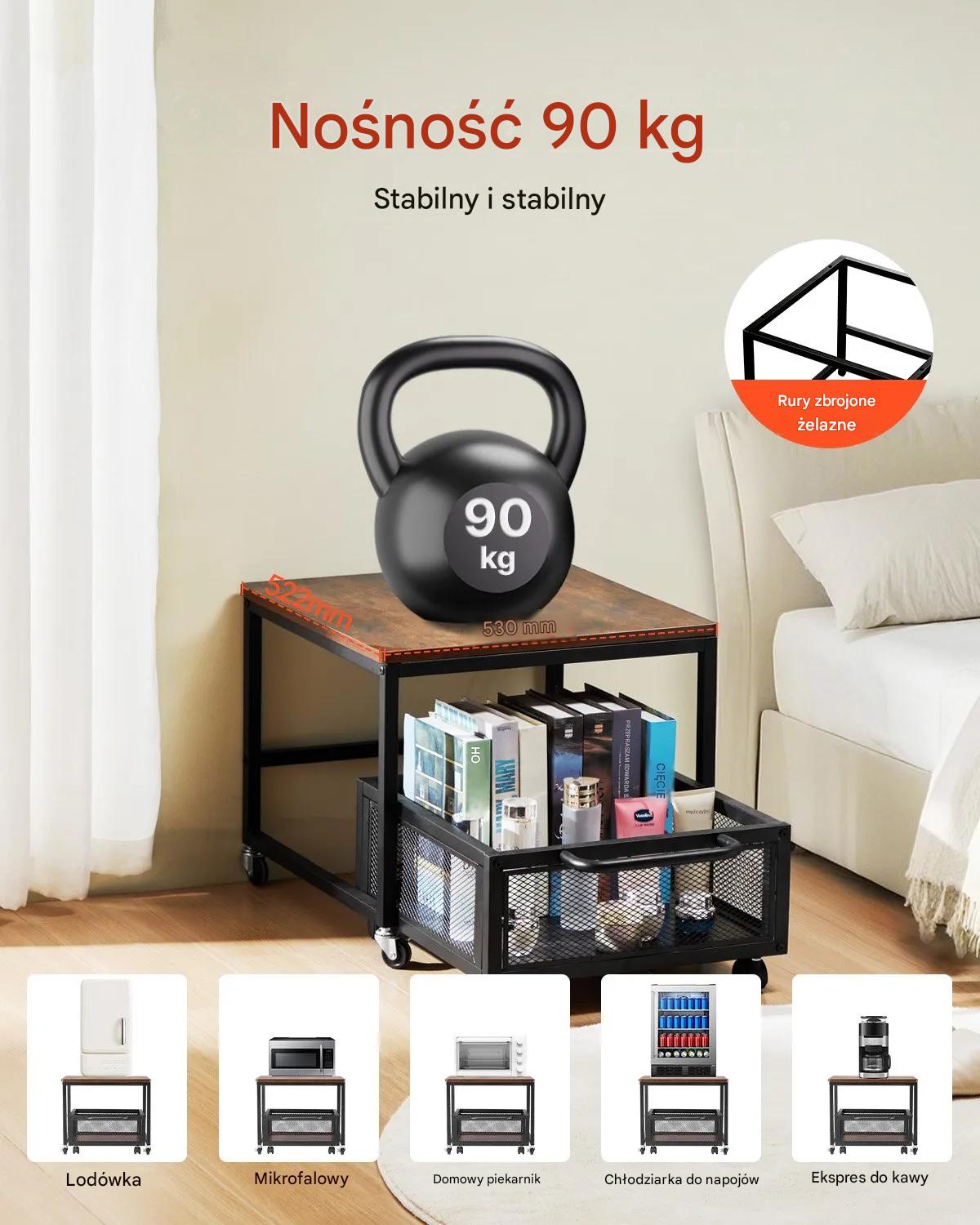 Stojak pod lodówkę mini z półkami 90 kg na kółkach organizer drewniany blat - obrazek 3