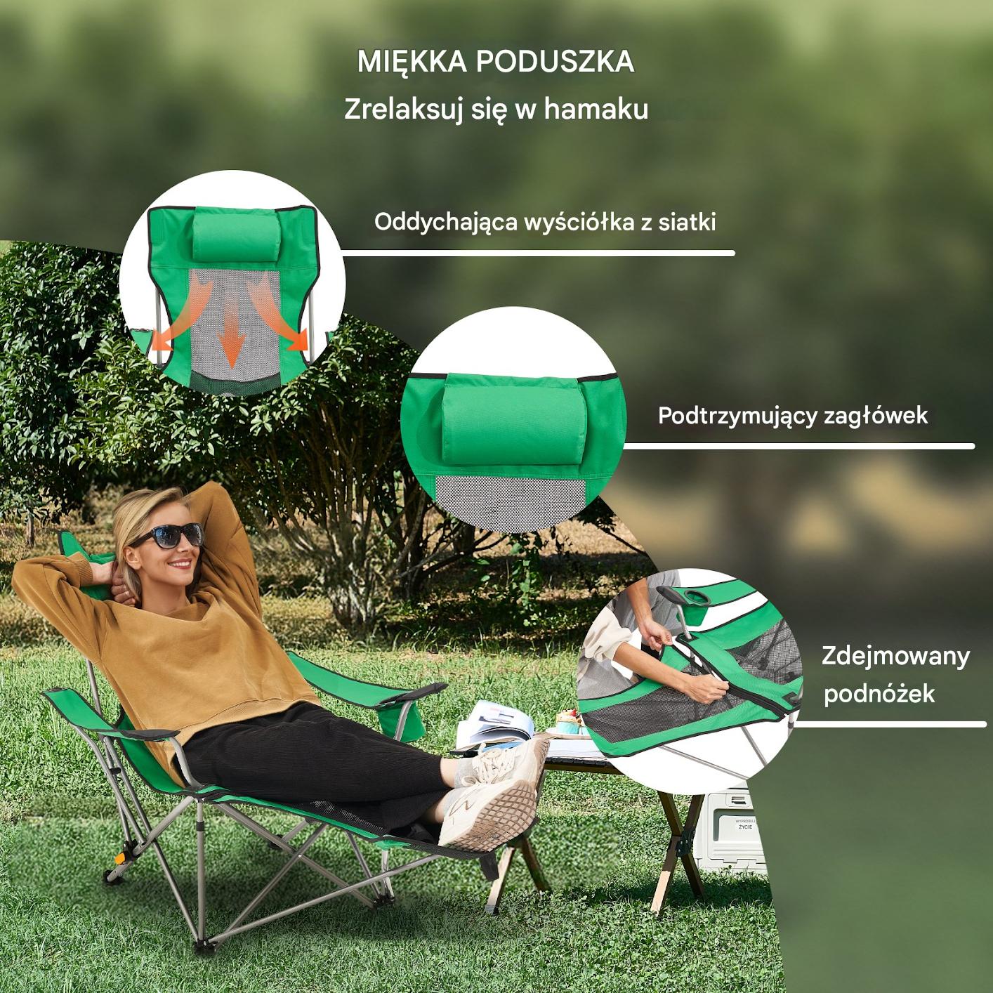 Składane Krzesło Kempingowe z Podnóżkiem Zielony - obrazek 5