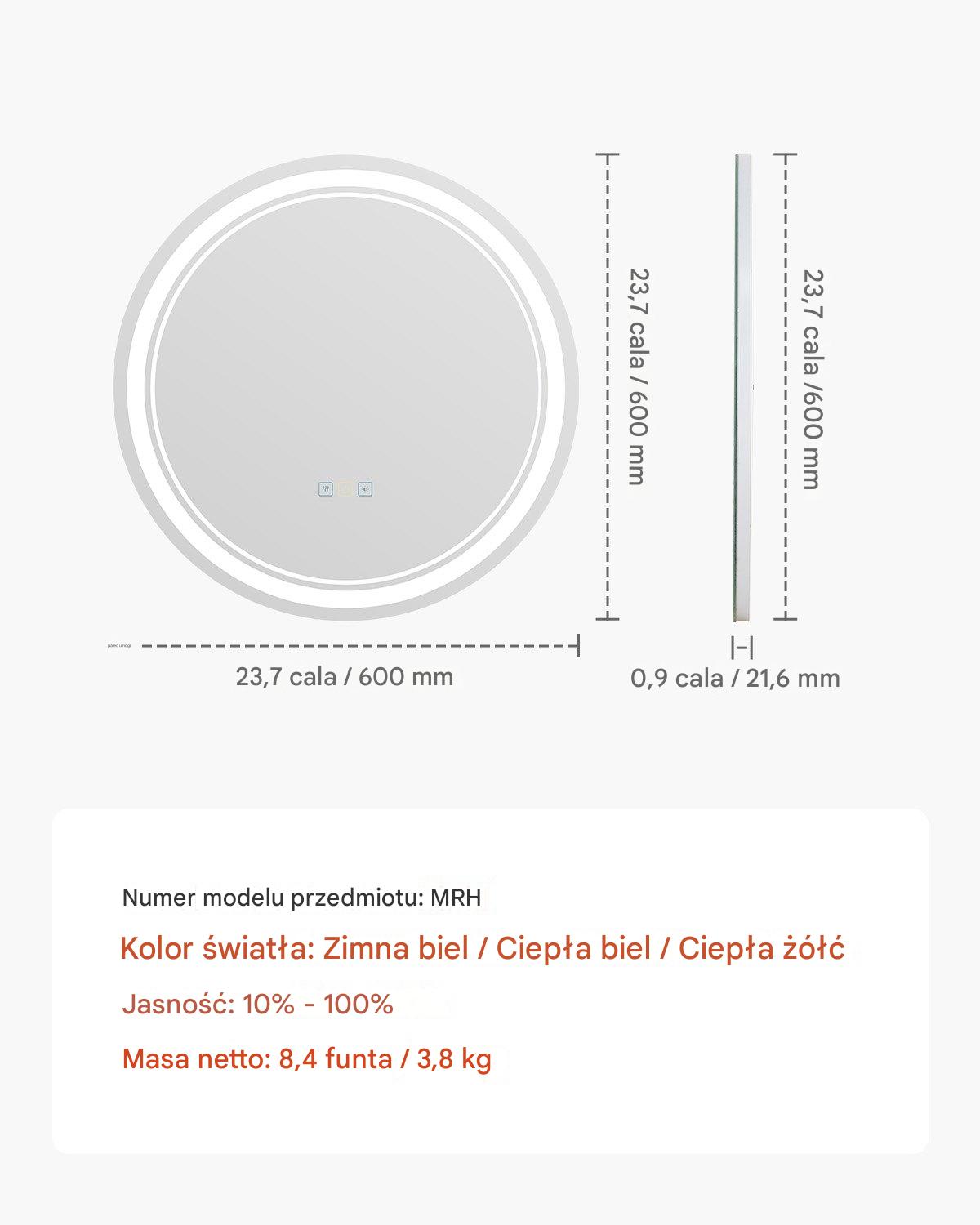 Okrągłe Lustro LED do Łazienki 60 cm z Podświetleniem i Funkcją Anti-Fog - obrazek 2