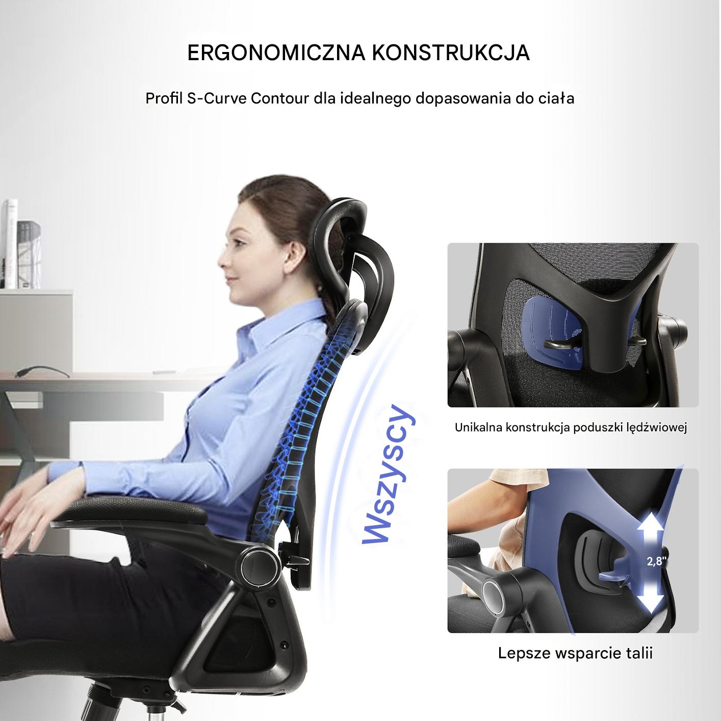 Krzesło biurowe ergonomiczne wysokie – regulacja lędźwi podłokietniki - obrazek 3