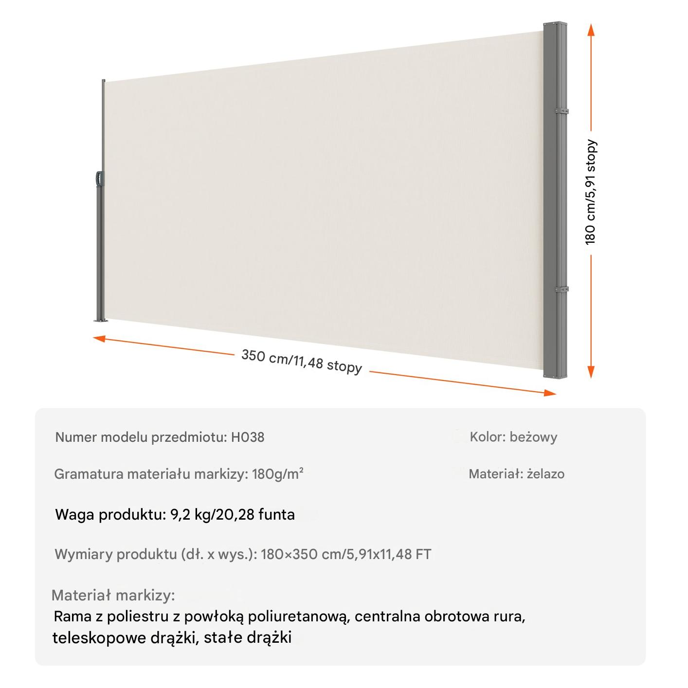 Markiza boczna parawan osłona na taras roleta przeciwsłoneczna 180 x 350 cm - obrazek 2