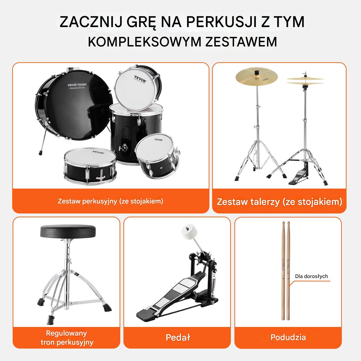 Zestaw perkusyjny 5-częściowy 55,9 cm, pełny, dla początkujących, czarny - obrazek 6